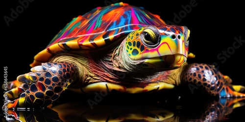 Painted colorful turtle animal  they show off in beautiful colors. isolated black background. Pattern for t-shirt printing  Generative AI