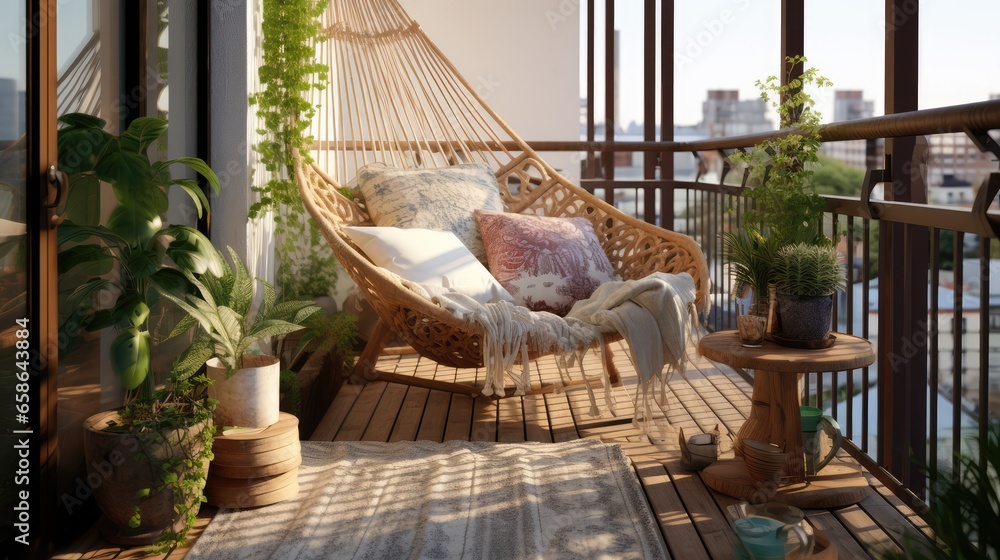 Real photo of relaxing boho zone in home. Wooden floor on terrace with comfy furniture and green plants. Decoration concept. Sunny summer day. Real photo of relaxing boho zone in home. Wooden floor on terrace with comfy furniture and green plants. Decoration concept. Sunny summer day.
