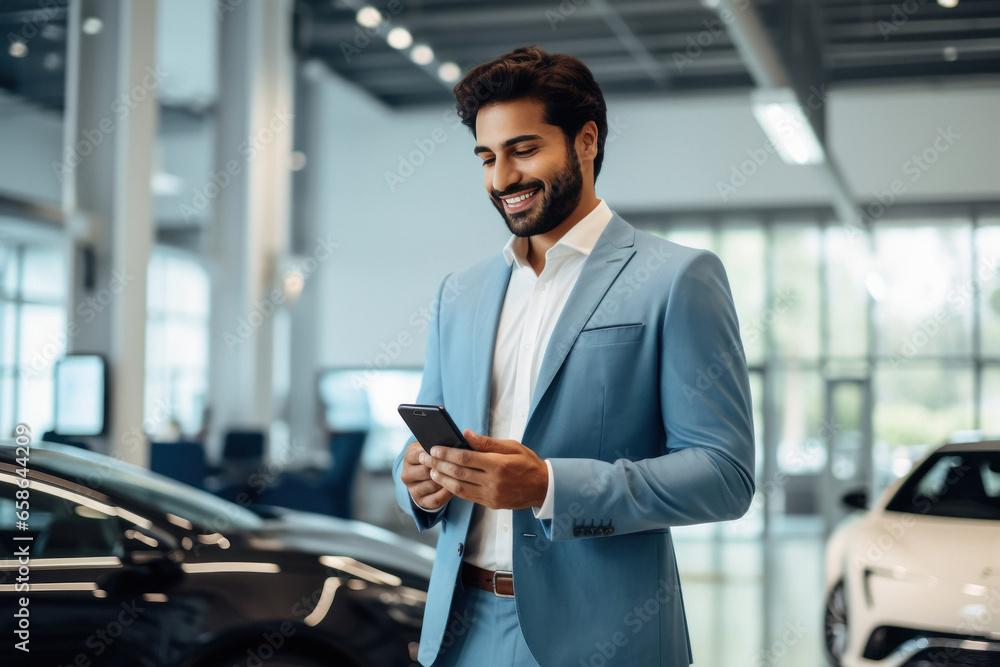 Naklejka premium Young and confident businessman or corporate employee using smartphone