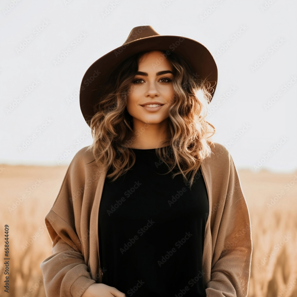 Beautiful Boho Woman Wearing a Solid Black Shirt Posing in a Beige Colored Field wearing a Boho Wide Brim Hat Beautiful Boho Woman Wearing a Solid Black Shirt Posing in a Beige Colored Field wearing a Boho Wide Brim Hat