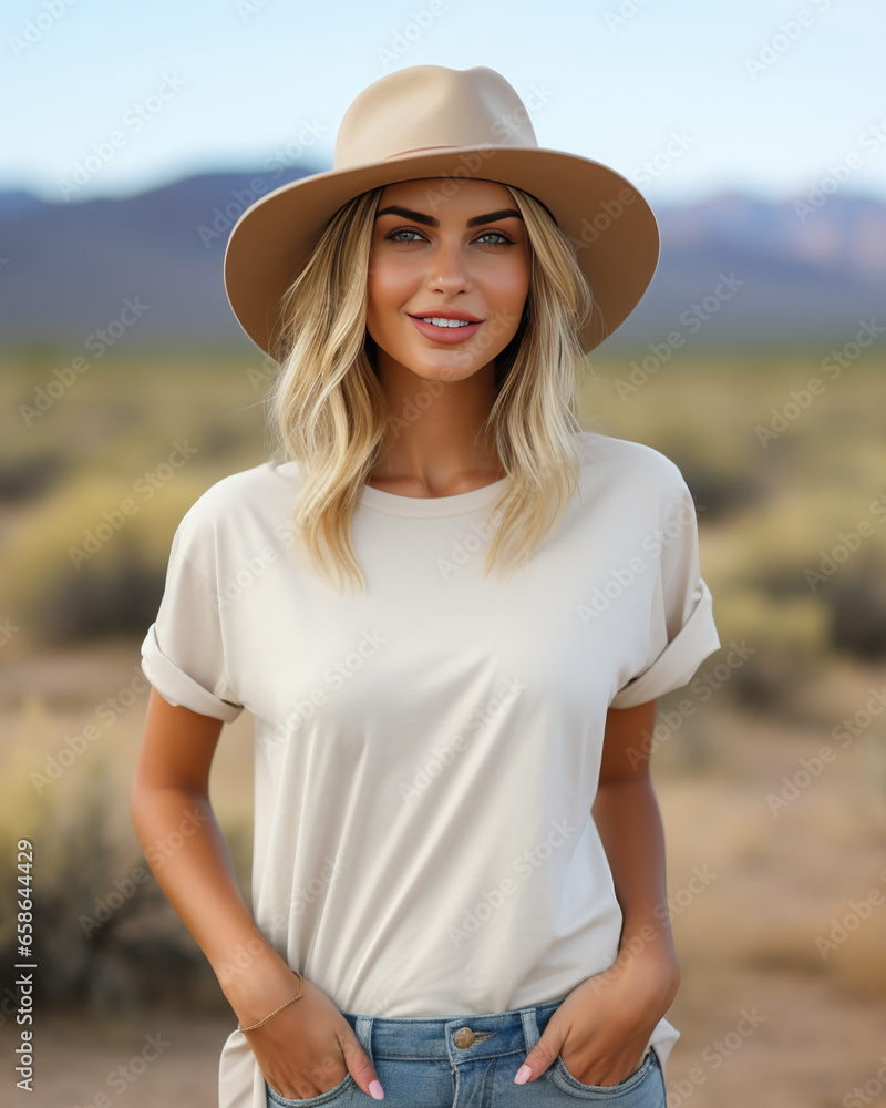 Blonde Woman Wearing a Solid Blank White T-Shirt Mockup and Wide Brim Tan Boho Hat Standing Outdoors with a Mountain View