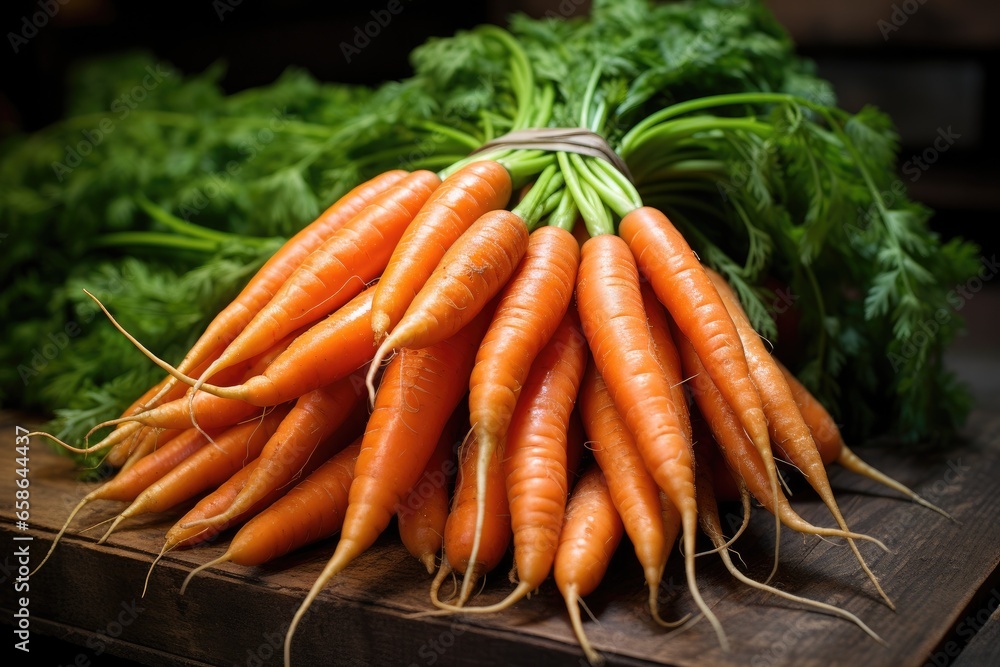 Bunch of carrots on wooden counter with fresh vegetables in farmers market or supermarket, close up Bunch of carrots on wooden counter with fresh vegetables in farmers market or supermarket, close up