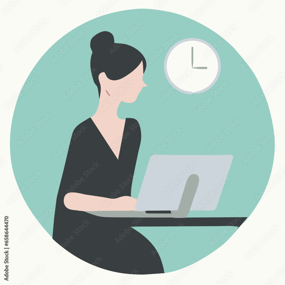 Office girl with her desk vector style lines Office girl with her desk vector style lines