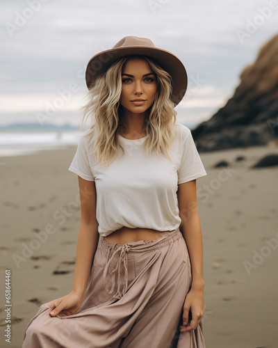 Beautiful Blonde Woman in a Blank Solid White T-Shirt Mockup at the Beach 