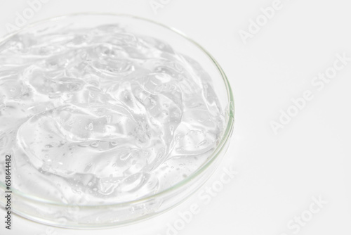 transparent cosmetic or medical gel in a Petri dish