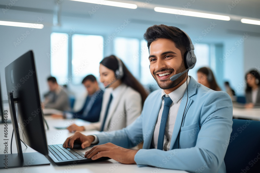 Young and handsome man working at call center with his staff Young and handsome man working at call center with his staff
