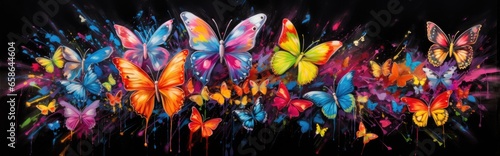 Painted colorful butterflys animal  they show off in beautiful colors. isolated black background. Pattern for t-shirt printing  Generative AI