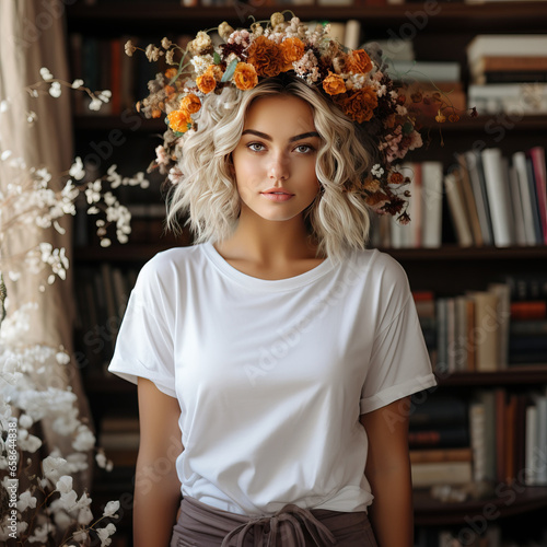 Beautiful Young Woman Standing in a Library Wearing a Solid Blank White Short Sleeve T-Shirt Mockup and a Fall Floral Boho Crown