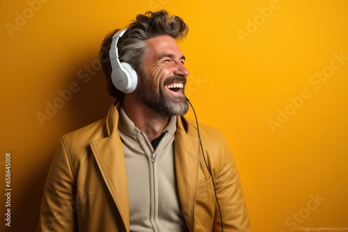 Beard man using headphones and laughing