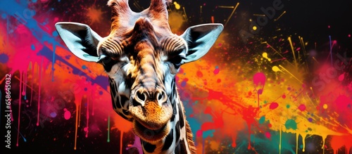Painted colorful giraffe animal, they show off in beautiful colors. isolated black background. Pattern for t-shirt printing, Generative AI