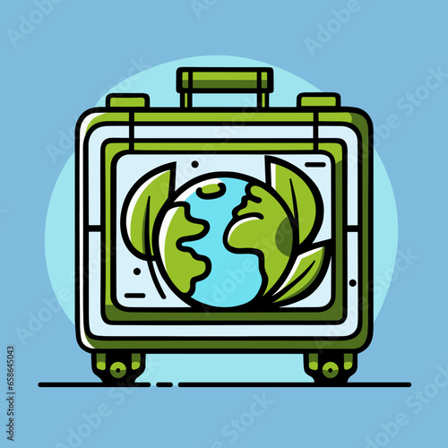 Sustainable travel concept illustration. Eco-friendly suitcase. Promote Ecotourism and recycled travel accessories. Flat design vector green and blue colors.