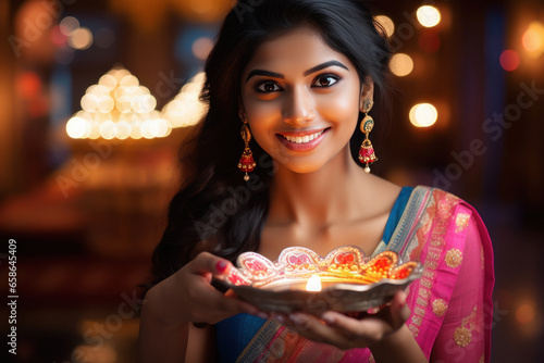 Young indian woman holding diya or oil lamp plate in hand