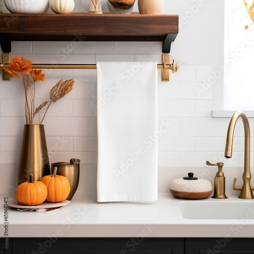Solid White Blank Tea Towel Mockup Hanging in a Modern Kitchen with Gold Accents Decorated for Fall photo