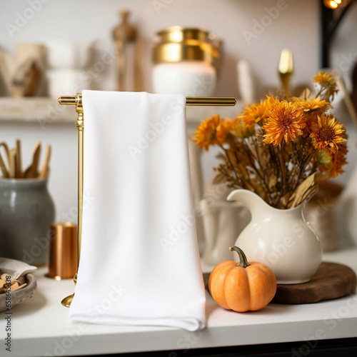 Solid White Blank Tea Towel Mockup Hanging in a Modern Kitchen with Gold Accents Decorated for Fall photo