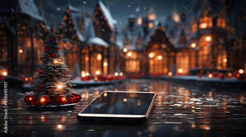 Smartphone with christmas tree on wooden table in snowfall. Christmas and New Year holidays background.
