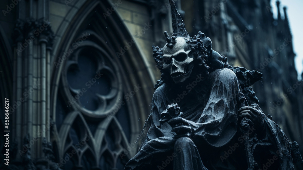 Gothic cathedral, Paris, close - up of intricate gargoyles and sculptures, overcast day, textured details, dark mood
