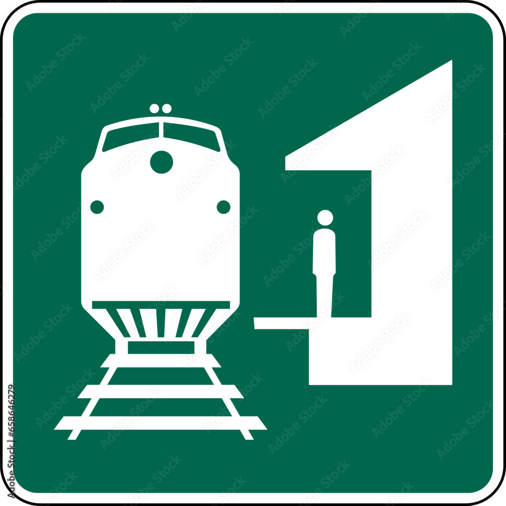 Naklejka premium Vector graphic of a green USA Train Station mutcd highway sign. It consists of a silhouette of a main line train and a person waiting on a platform contained in a green square