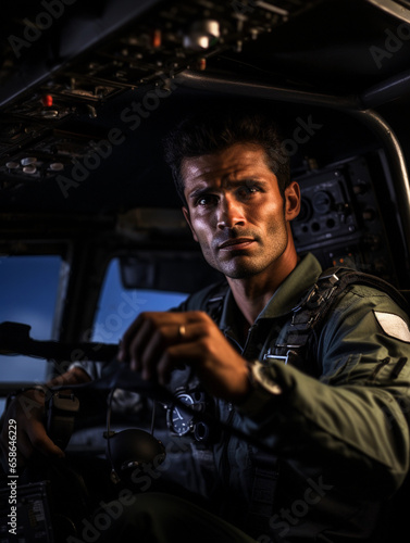 Intimate portrait of a pilot in cockpit, ready for takeoff, focused expression, detailed instrumentation, dramatic lighting from dashboard © Marco Attano