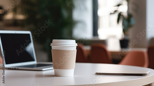 Coffee cup and laptop on white table in front of window