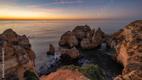 Panoramic view at sunrise, Ponta da Piedade near Lagos in Algarve, Portugal. Amazing Cliff and rocks on sea at Ponta da Piedade, Algarve region, Portugal.