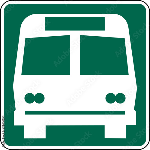 Vector graphic of a green USA Bus Station mutcd highway sign. It consists of a silhouette of a public transport bus contained in a green square