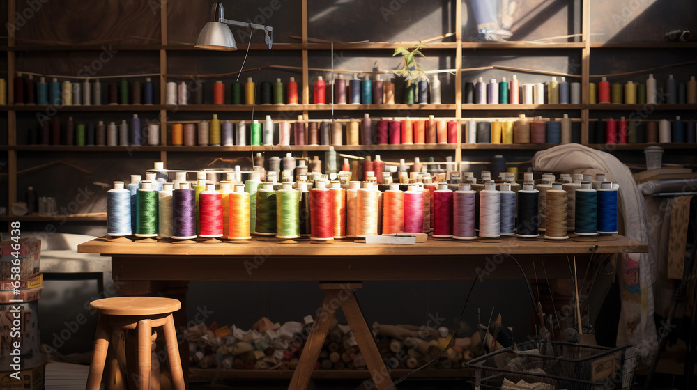 sewing studio filled with colorful thread spools, pattern paper, and chalk marks on fabric, dynamic contrast, soft overhead lighting