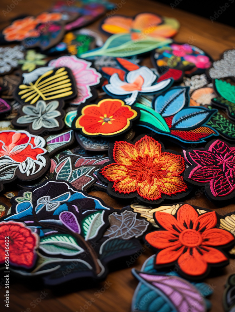 array of embroidered patches with intricate designs and vibrant colors, laid out on a dark wood surface, lit by diffused daylight
