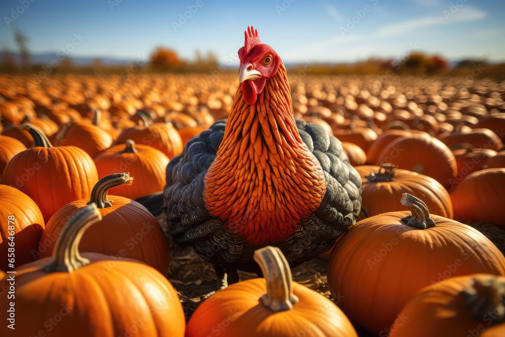 Vegan or vegetarian thanksgiving: turkey made out of pumpkin in a pumpkin field  - obrazy, fototapety, plakaty 