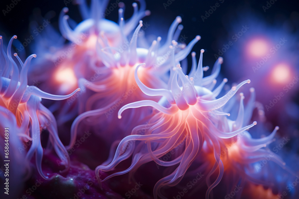 Coral polyps feeding: Long - exposure shot capturing the movement of tentacles as they capture plankton, ethereal quality Coral polyps feeding: Long - exposure shot capturing the movement of tentacles as they capture plankton, ethereal quality