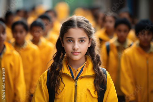 a girl walking in an educational school hallway with a group of pupils © Kien