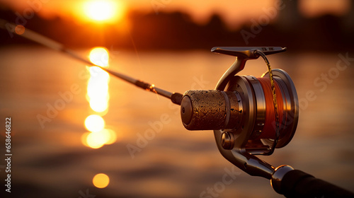 Close - up of a fishing rod, reel, and line against sunset, tension in the line, glowing warm sky