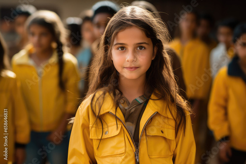 a girl walking in an educational school hallway with a group of pupils © Kien