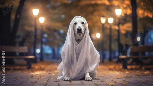 Halloween theme: ghost dog in white cloak with pumpkins on graveyard