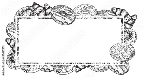Border sketch illustration of a sweet doughnut cake. Confectionery sweets. Hand-drawn. An engraving in vintage style. Drawing for the cafe menu. Eps 10