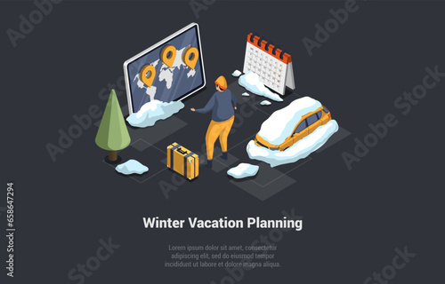 Concept Of Winter Holidays, Family Christmas Vacations. Man With Luggage Is Planning Winter Vacations. Character Book Hotel, Buy Tickets Online On Computer. Isometric 3D Cartoon Vector Illustration