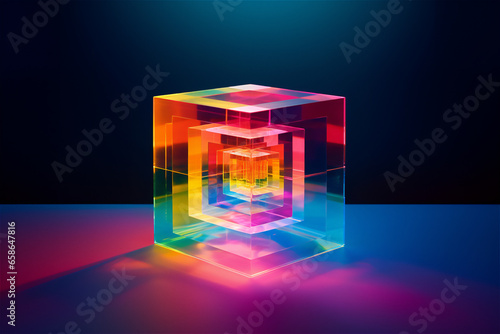 glowing plexiglass cube, geometric background, retrowave 