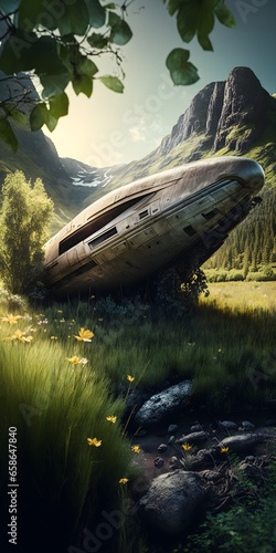 Photo taken using 1835mm lens epic cinematic crashed overgrown startrek spaceship sticking out of meadow mountain rivers lush flowering trees volumetric sun rays epic northen lights sharp focus sci  photo