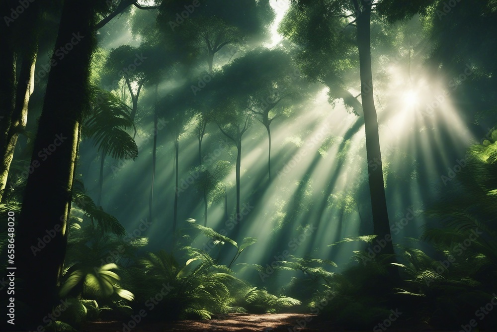 Dark rainforest sun rays through the trees rich jungle greenery Atmospheric fantasy forest