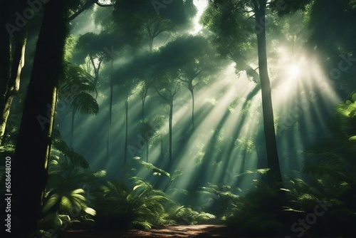 Dark rainforest sun rays through the trees rich jungle greenery Atmospheric fantasy forest