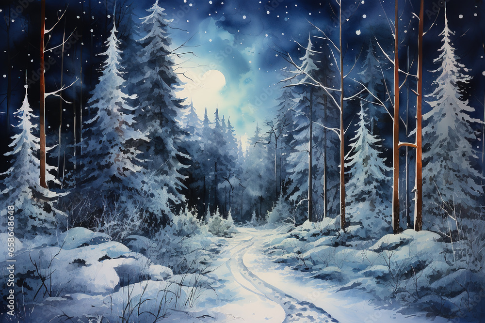 Night Winter Forest Road Watercolor