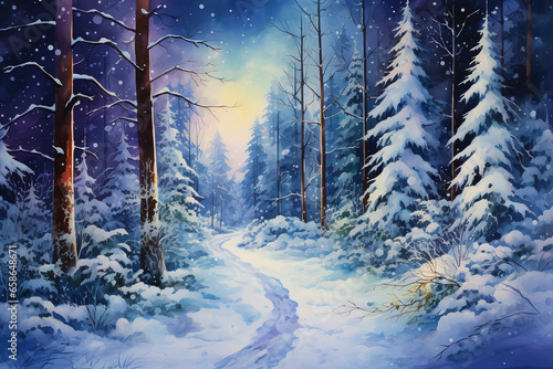 Night Winter Forest Road Watercolor © IMAGE