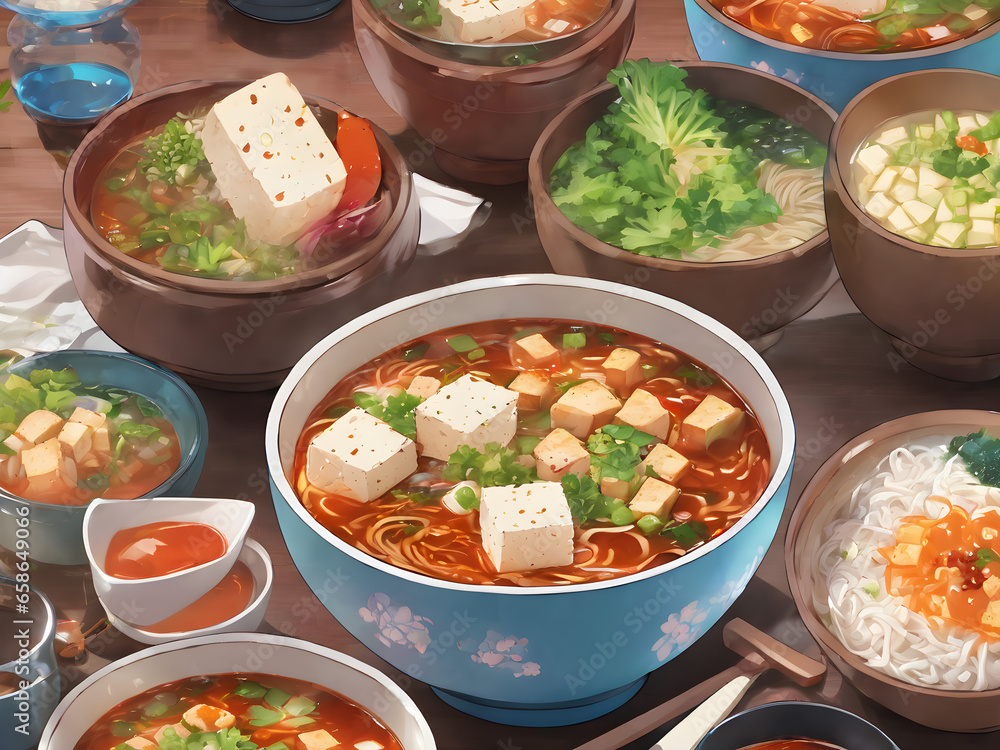 Anime-Style Tofu Soup: A 2D Cartoon Illustration of Delicious Japanese Noodle Soup in a Bowl Anime-Style Tofu Soup: A 2D Cartoon Illustration of Delicious Japanese Noodle Soup in a Bowl