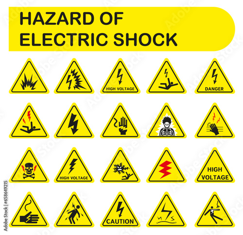 High voltage sign. Triangular yellow electrical hazard signs. Vector illustration.