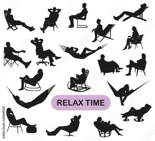 Set of silhouettes of resting people. Possibility of rest in any convenient positions.