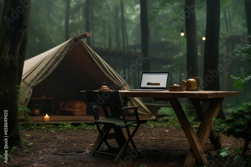 Serene Wilderness Office: A Camper's Workstation,camping in the woods