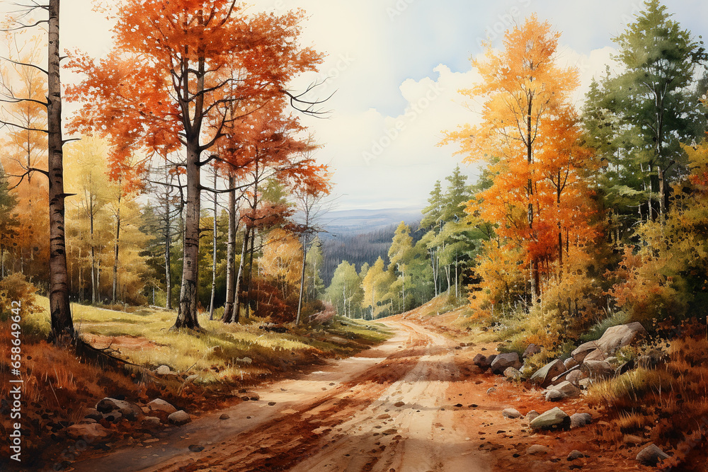 Watercolor Autumn Forest road