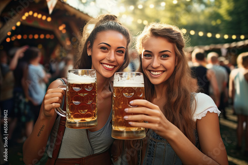 dos mujeres jovenes brindando con unas jarras llenas de cerveza en una fiesta sobre fondo de personas caminando photo