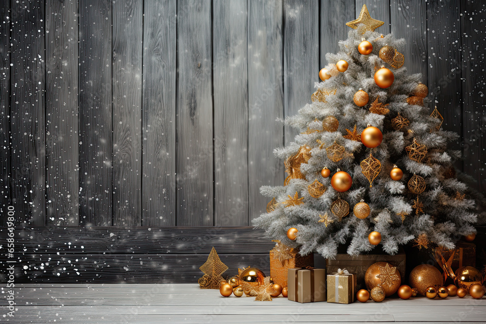 árbol de navidad decorado con bolas, estrella, adornos y regalos en su base, sobre fondo de madera gris - obrazy, fototapety, plakaty 
