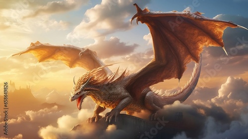 Majestic Dragon Soaring Amongst Fluffy Clouds in Warm Golden Sunset Light