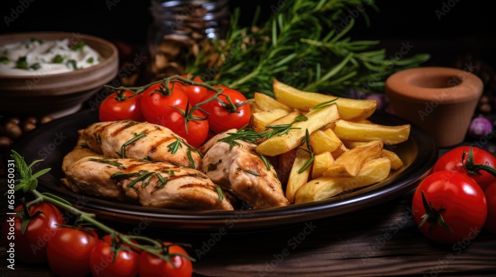 Grilled chicken fillet with potatoes and vegetables on a plate. Selective focus. Grilled chicken fillet with potatoes and vegetables on a plate. Selective focus.